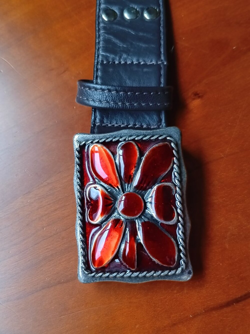 Pre-Loved Silver Studded Black Leather Belt Italian Red Enamel Buckle